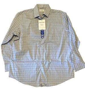 Calvin Klein Men's Regular Fit Stretch Blue/Gray Check Dress Shirt NWT 16-16.5